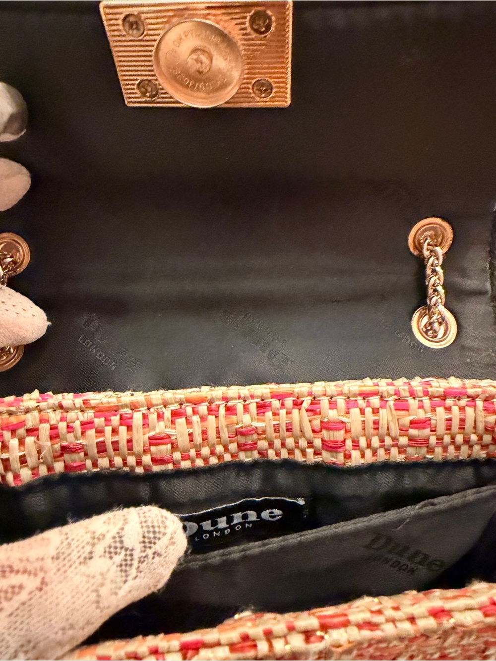 Dune London Pink Multicolor Raffia Woven Shoulder Bag w/Gold Chain (Like New) - Picture 11 of 12